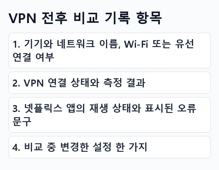 라오유튜브 | 넷플릭스 시청 중 VPN 속도가 달라질 때 네트워크 점검 순서 VPN 연결 전후 속도를 비교할 때 기록할 항목 목록